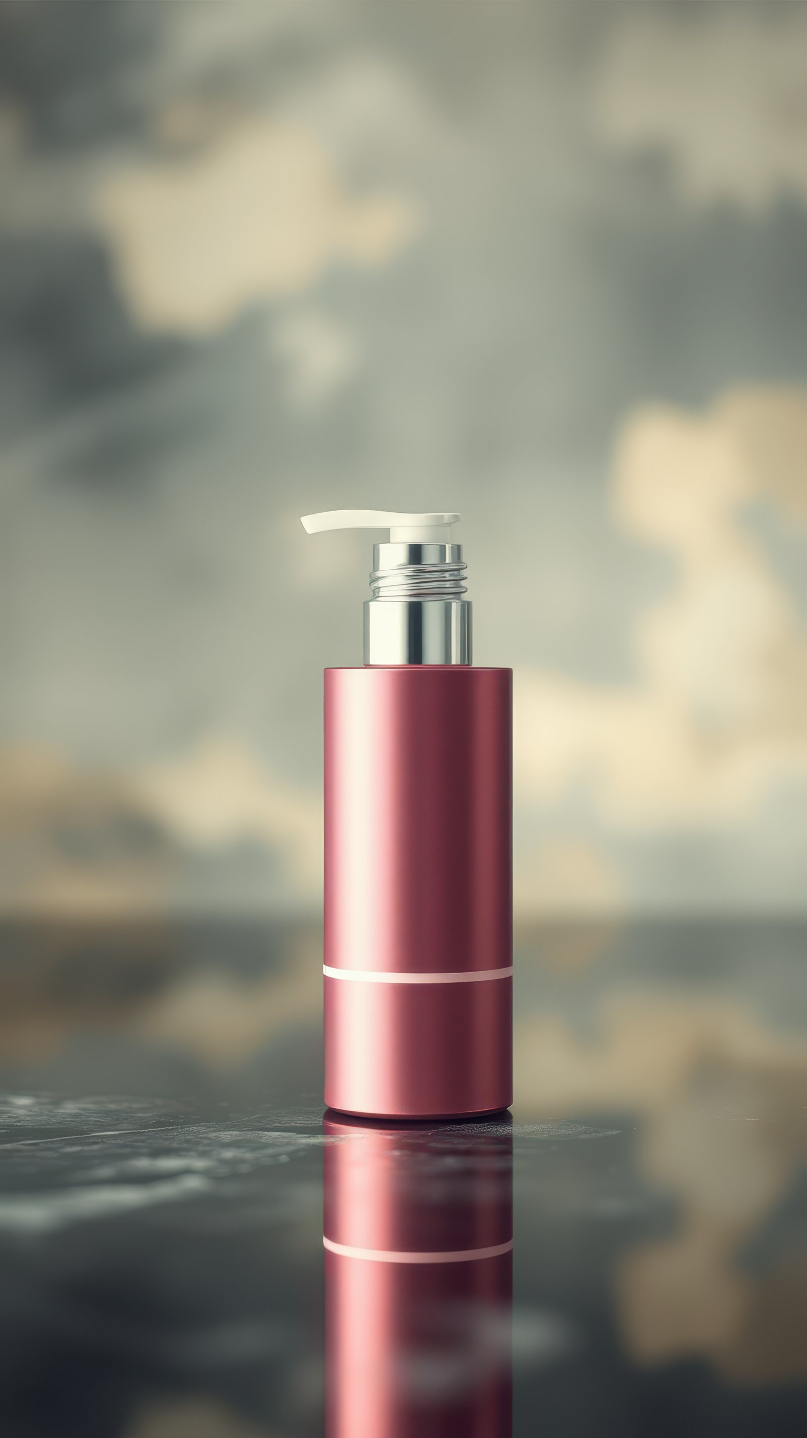 Bottle for skincare product on reflective surface with soft cloud background showcasing elegance and simplicity